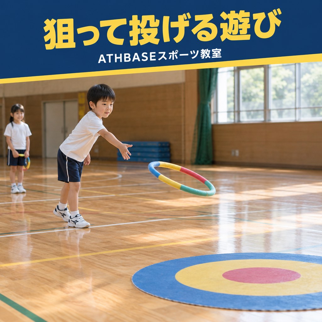 狙って投げる遊びをテーマにした子どもの運動遊びのイメージ画像（AI生成）