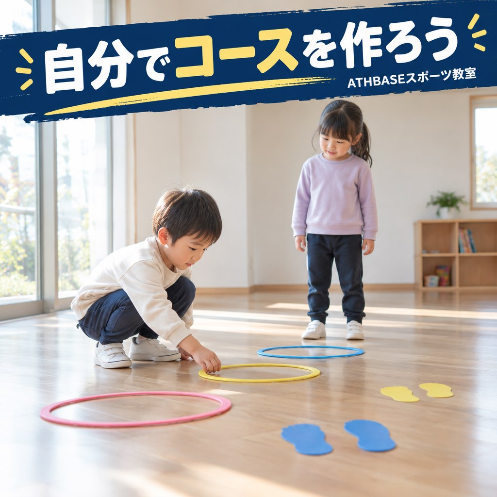 自分でコースを作ろうをテーマにした子どもの運動遊びのイメージ画像（AI生成）